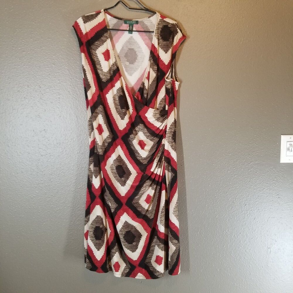 Lauren Ralph Lauren 2X Dress Midi Stretch Faux Wrap Red Southwest Aztec Western